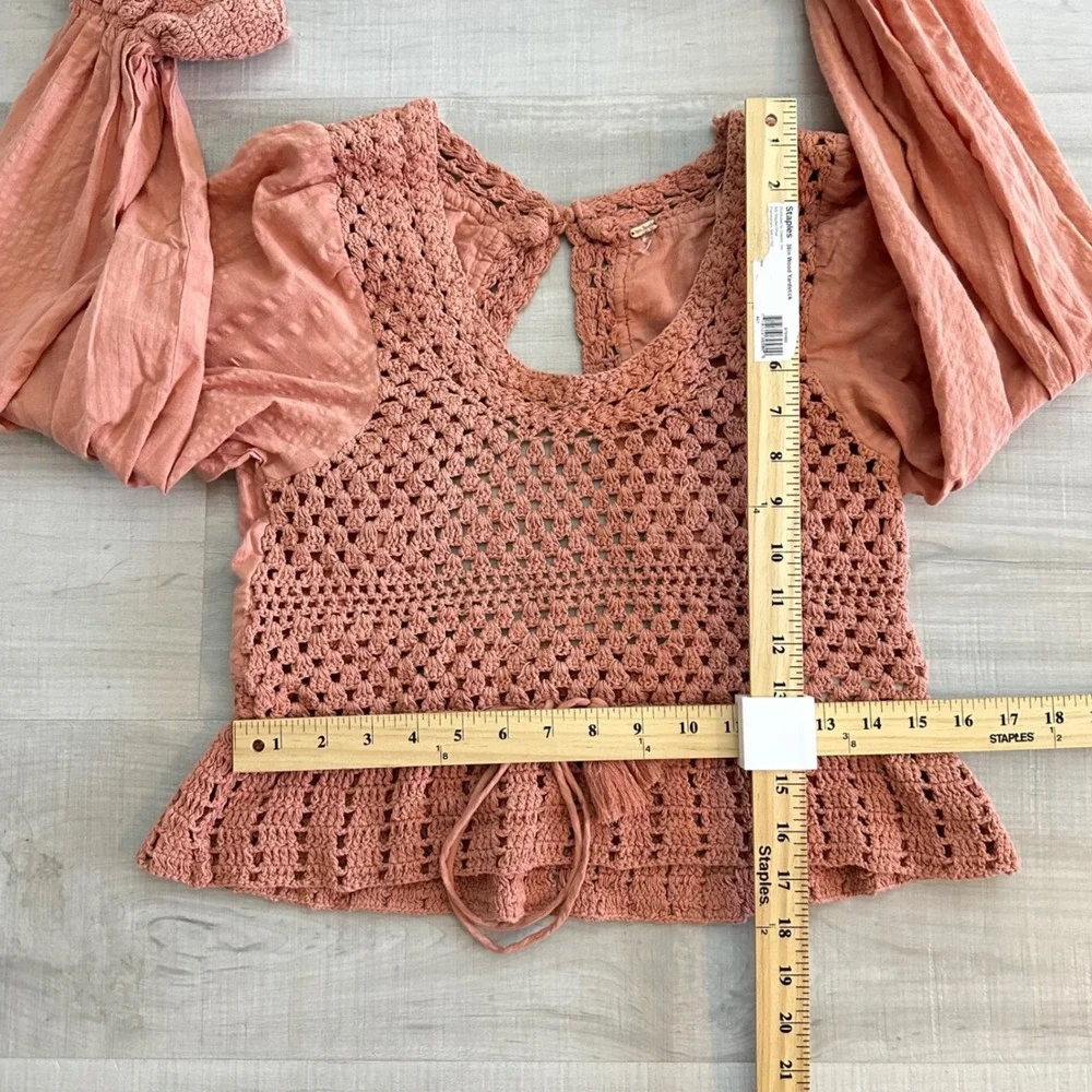 Free People Crochet Open Back Peplum Blouse Terracotta Peach Long Sleeve Top